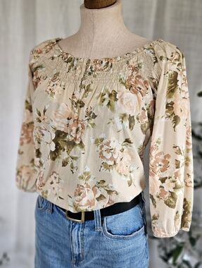 Cotton Floral Blouse Cream Beige Peasant Top Smocked Boho Cottagecore Small